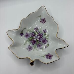 Lefton China Hand Painted Violet Leaf Dish • Gold Trim • Floral Trinket Dish 6”